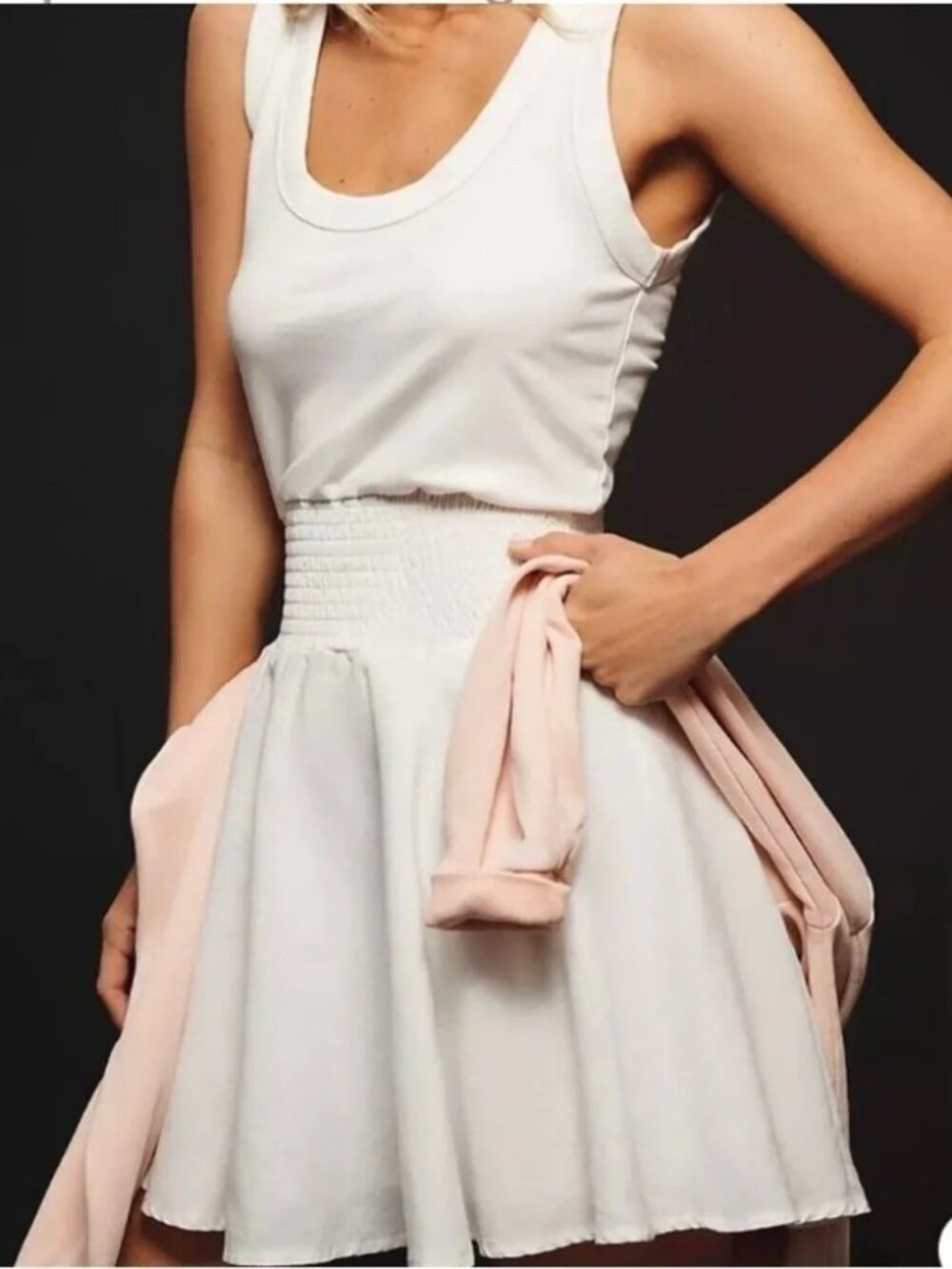 sundays White Mini Dress with Pale Pink Accent